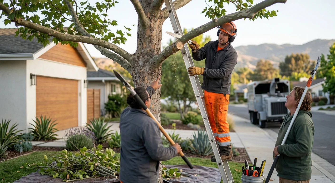 Arborist assessing storm-damaged tree and fallen limbs after cleanup in Camarillo