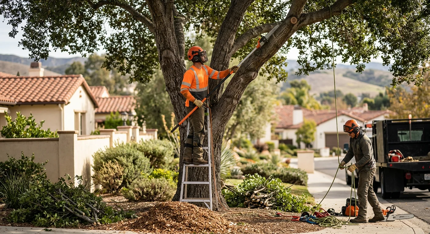 Fallen tree branches and cleanup equipment staged in a Camarillo neighborhood after a storm