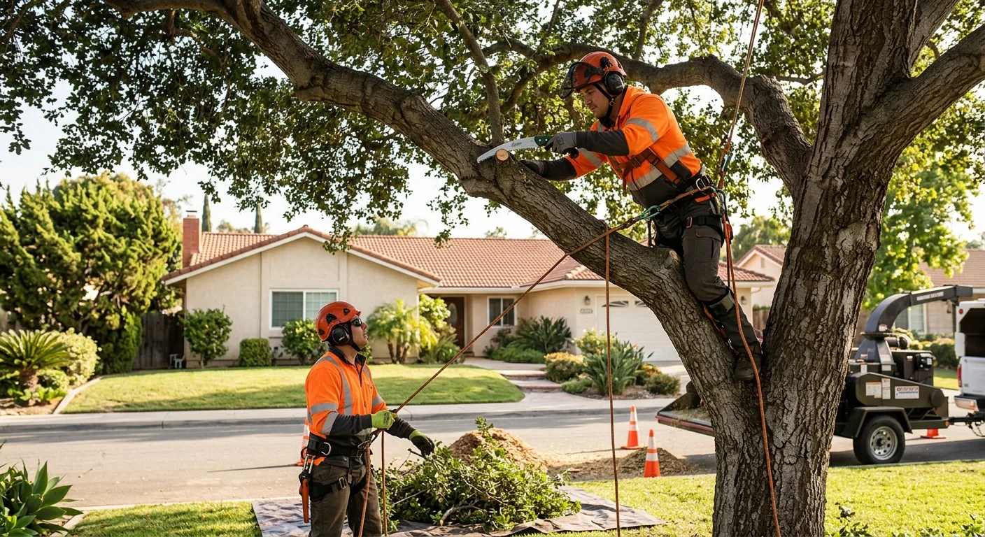 Crew clearing fallen storm-damaged tree limbs from a Camarillo residential yard