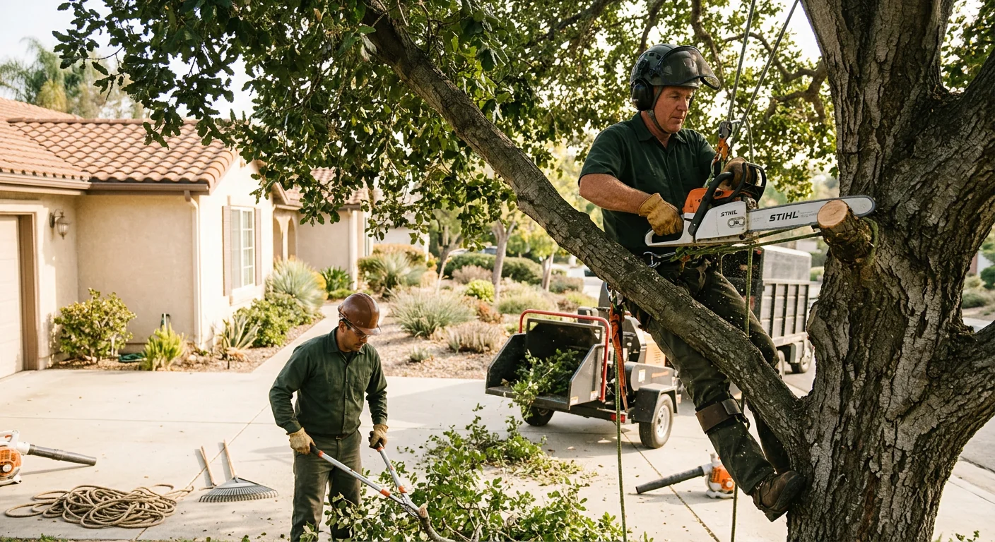Storm-damaged tree with broken limbs and uprooted base on a Camarillo residential property