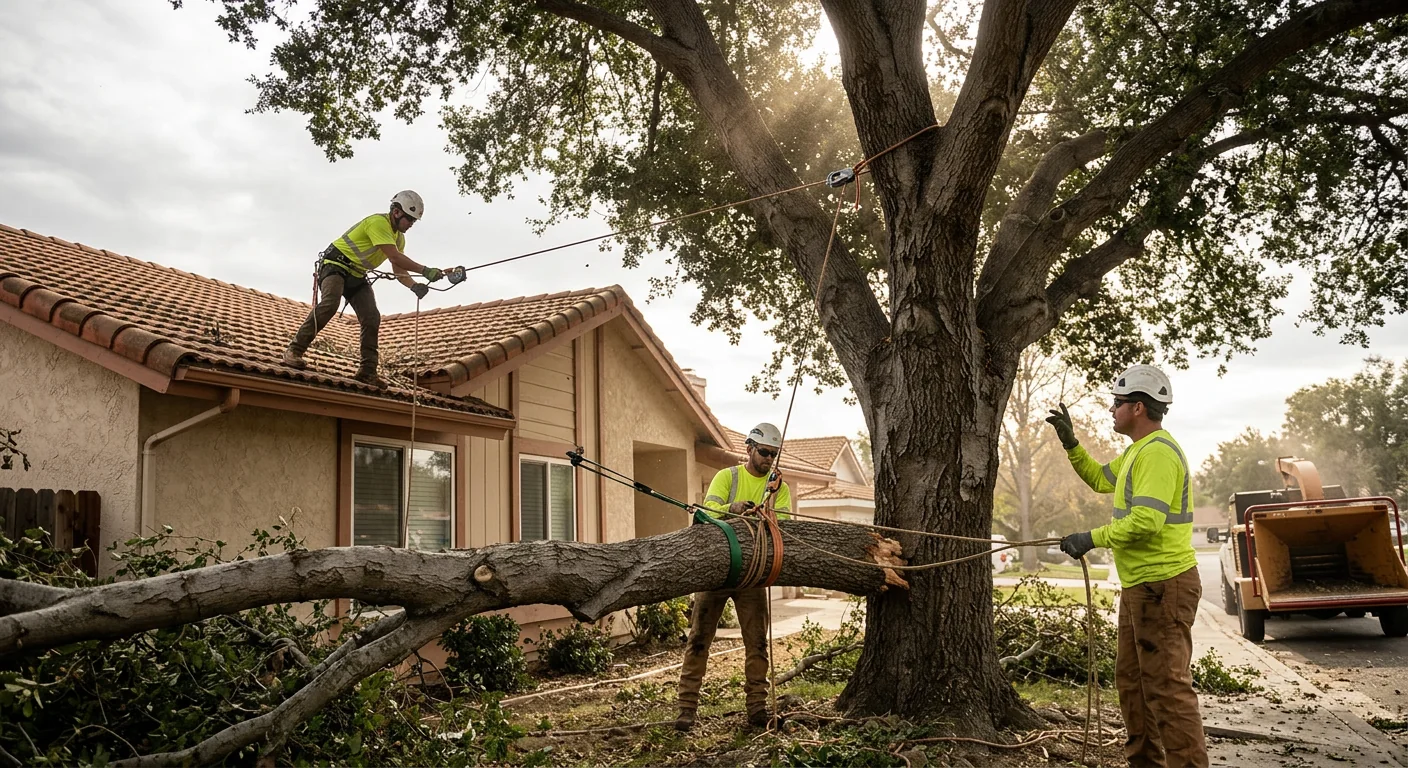 Crew rigging a large fallen limb over a residential roof in Camarillo after a windstorm