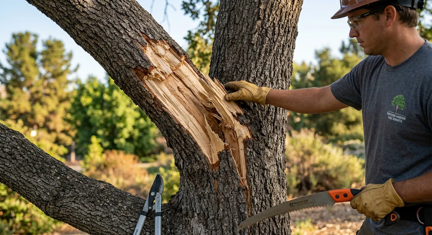 Close-up of a split oak branch union showing torn wood before corrective pruning