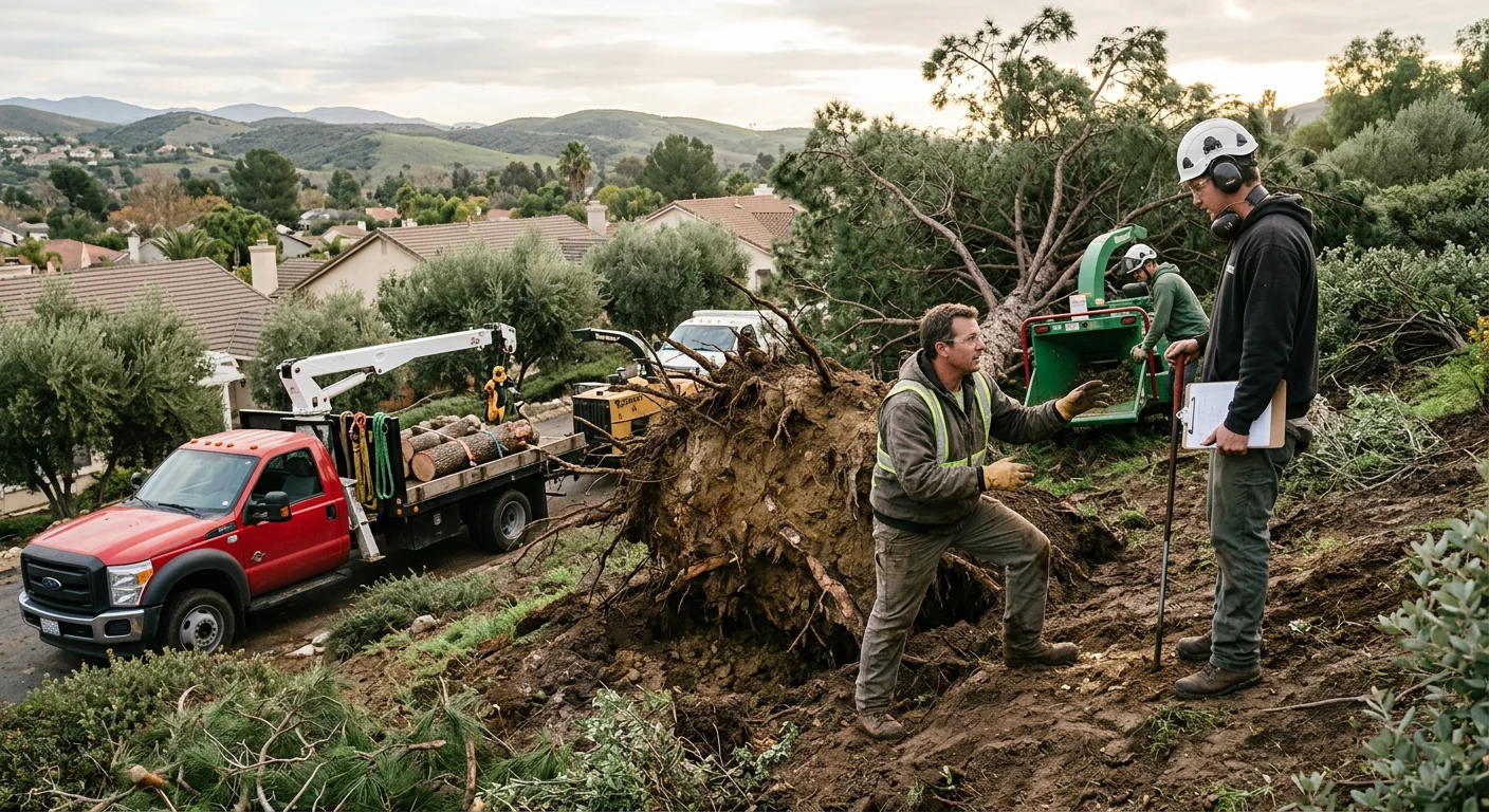 Uprooted pine with exposed root plate on a saturated Camarillo hillside lot