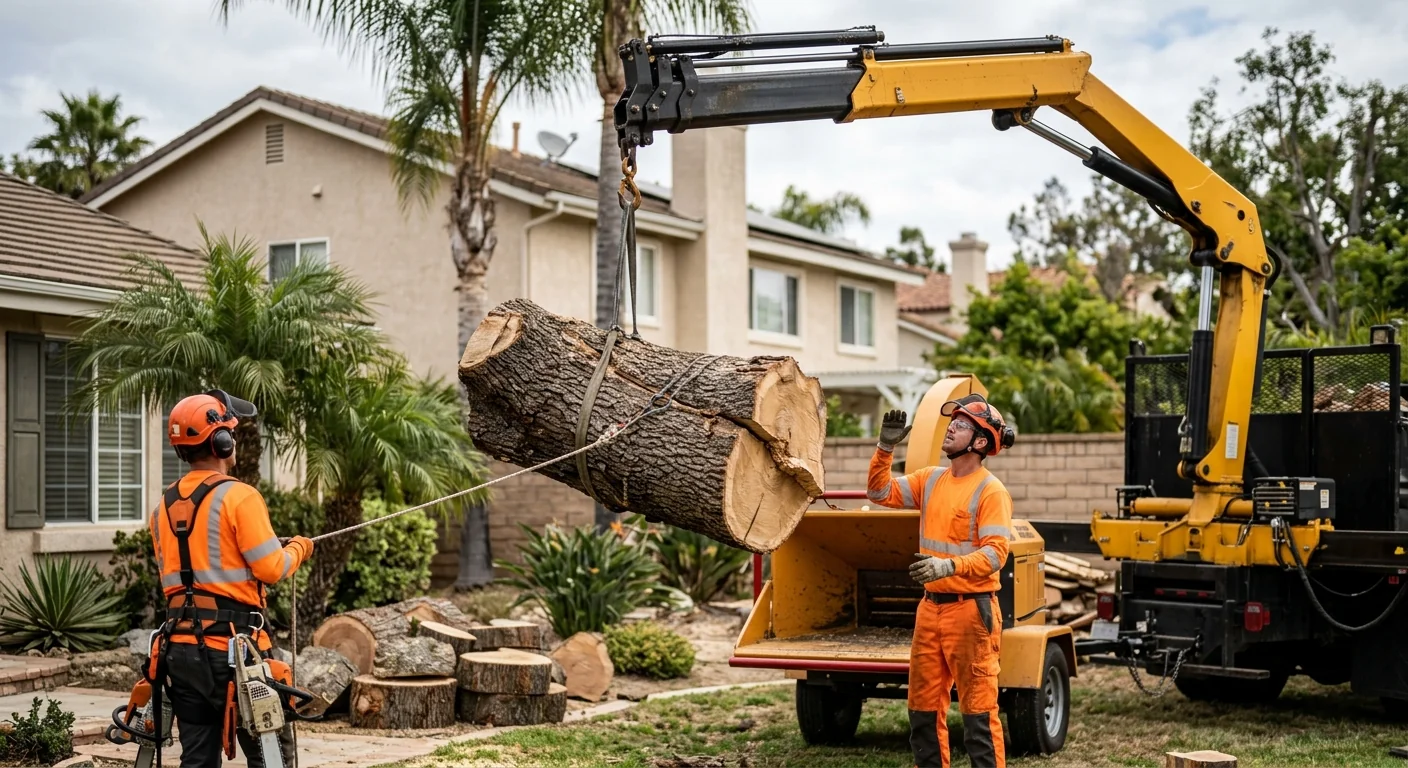 Crane lifting a heavy storm-damaged trunk section from a backyard work zone