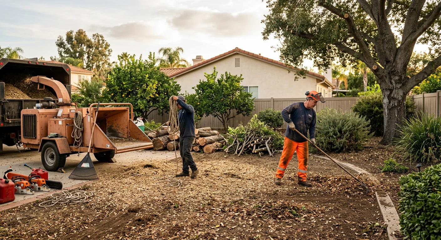Wide shot of cleared debris and chipped material on a residential Camarillo property