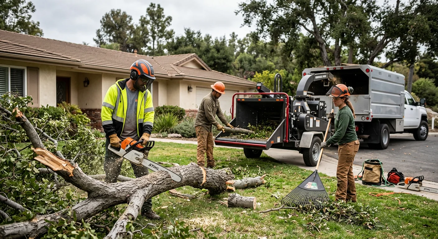 Crew clearing storm-damaged tree limbs from a Camarillo residential yard after high winds