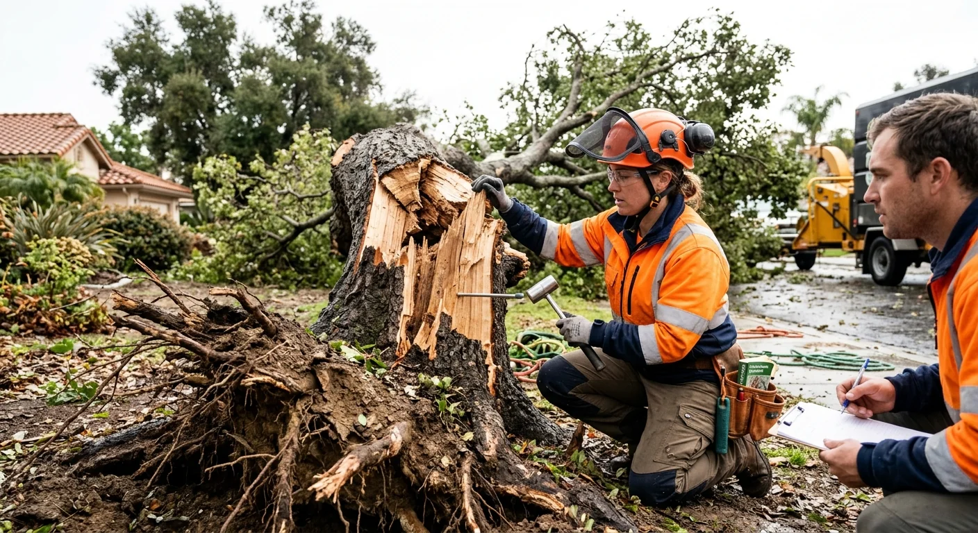 Arborist inspecting a fractured trunk and root plate during storm damage assessment