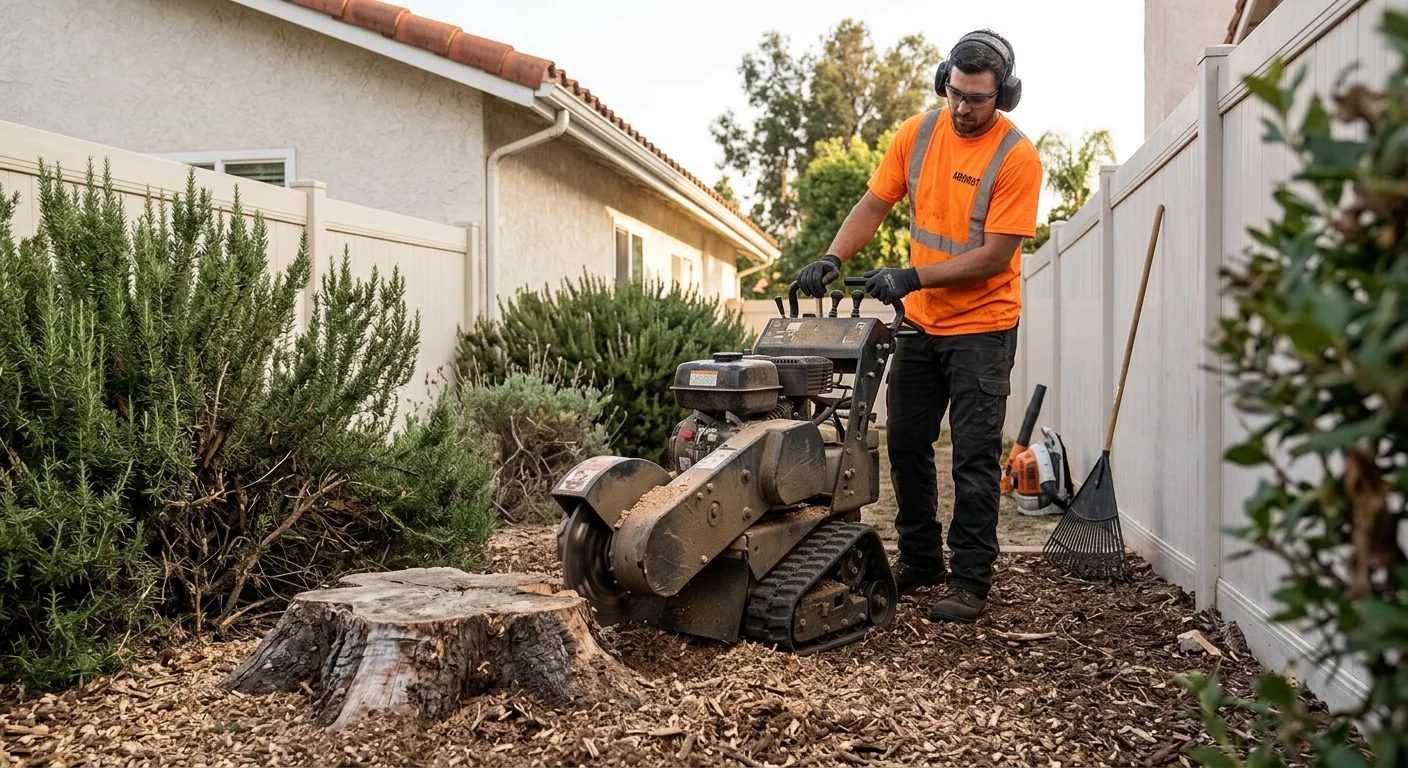 Compact stump grinder cutting a hardwood stump in a narrow Camarillo backyard