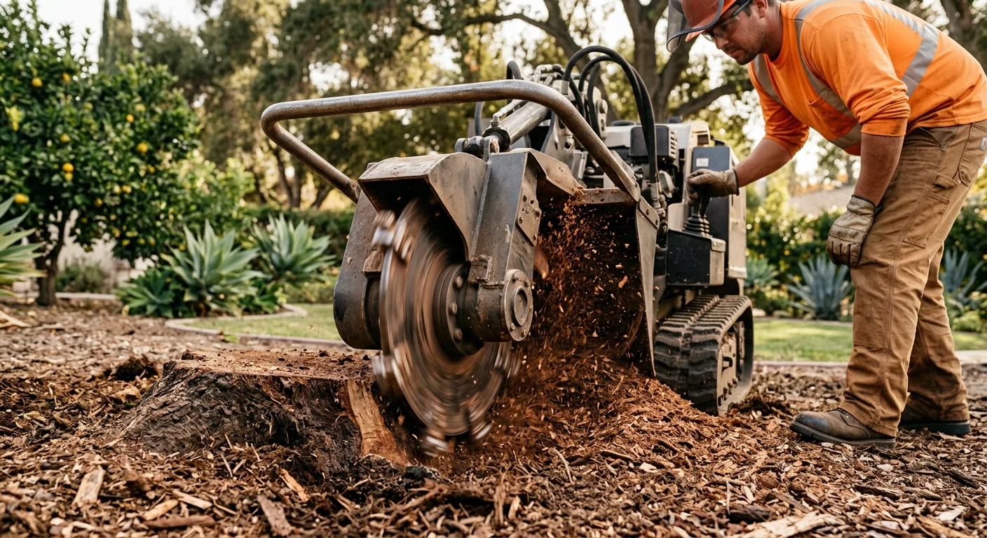 Close-up of rotating cutting wheel shaving wood below grade during grinding