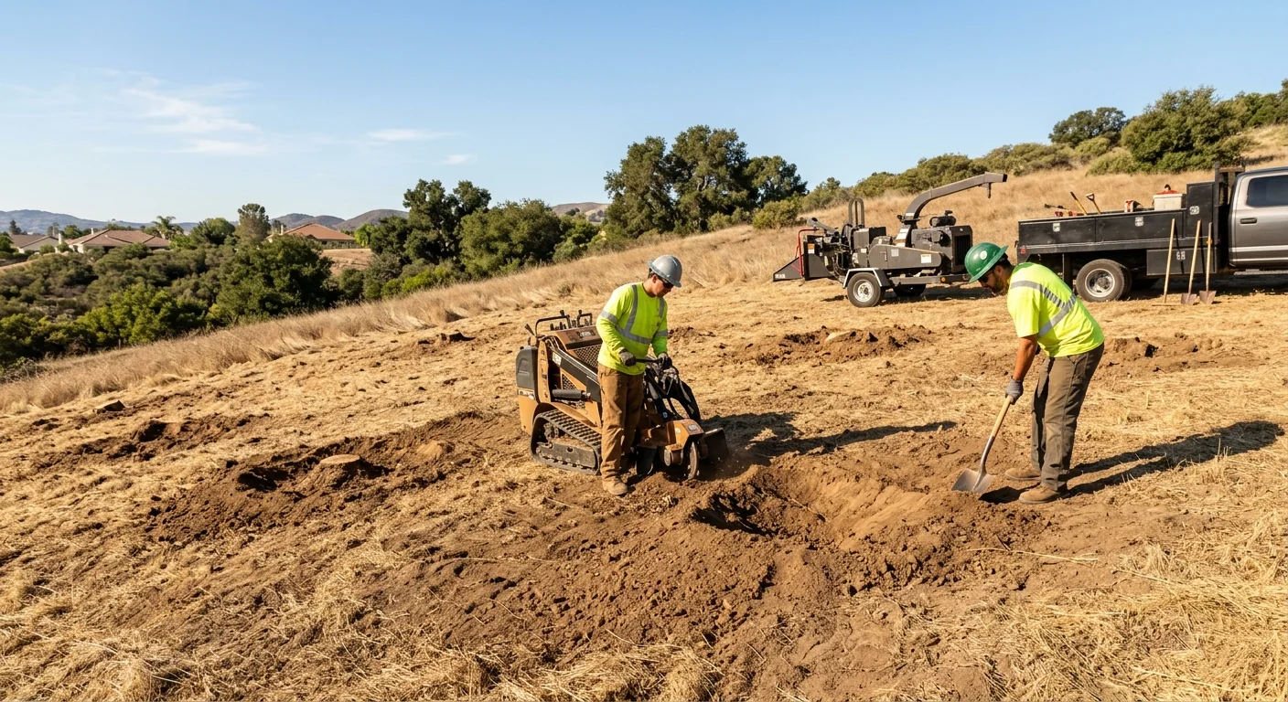 Wide shot of cleared hillside lot after multiple stumps removed in Camarillo