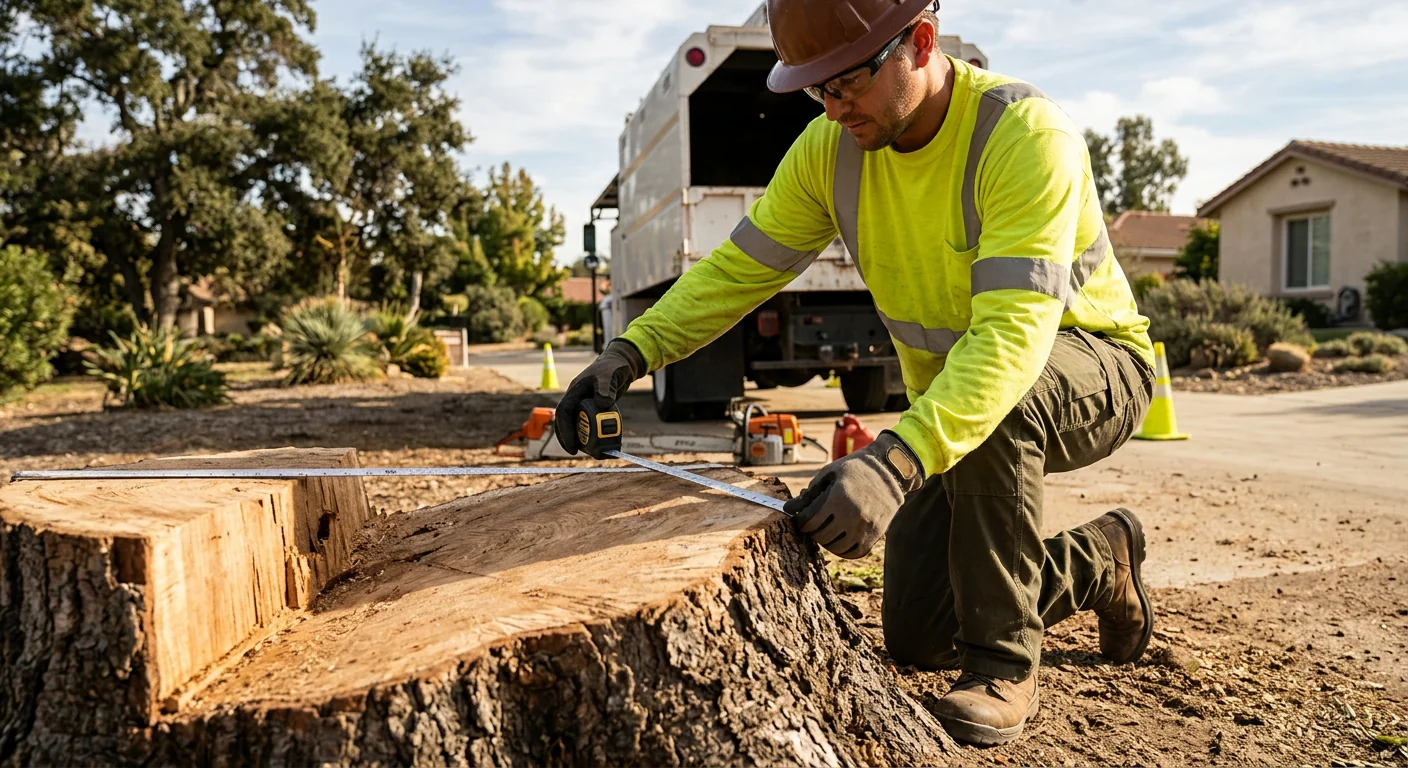 Technician measuring stump diameter during inspection before grinding in Camarillo