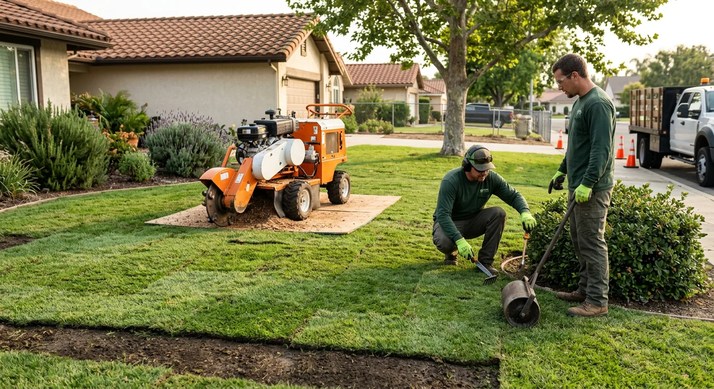 Finished front yard with new sod where a decayed stump once stood