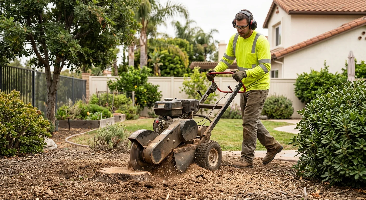 Operator lowering a stump grinder wheel below grade in a Camarillo backyard