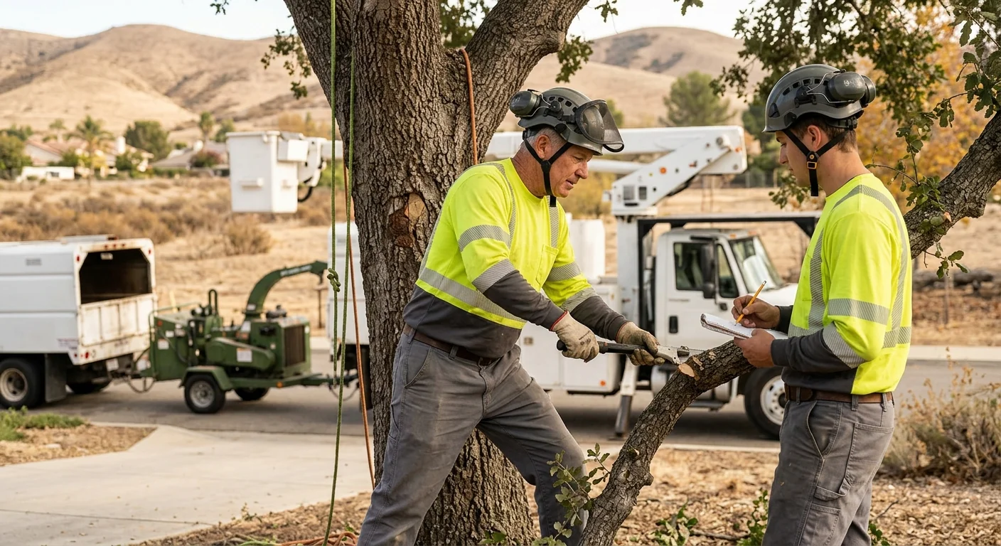 Support cable and bracing hardware installed in a large tree above a Camarillo backyard