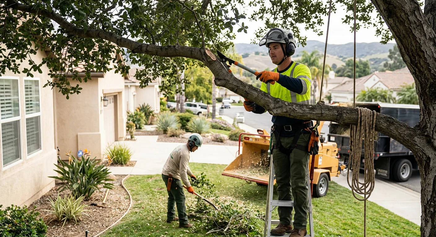 Arborist installing steel cable support in a mature oak canopy