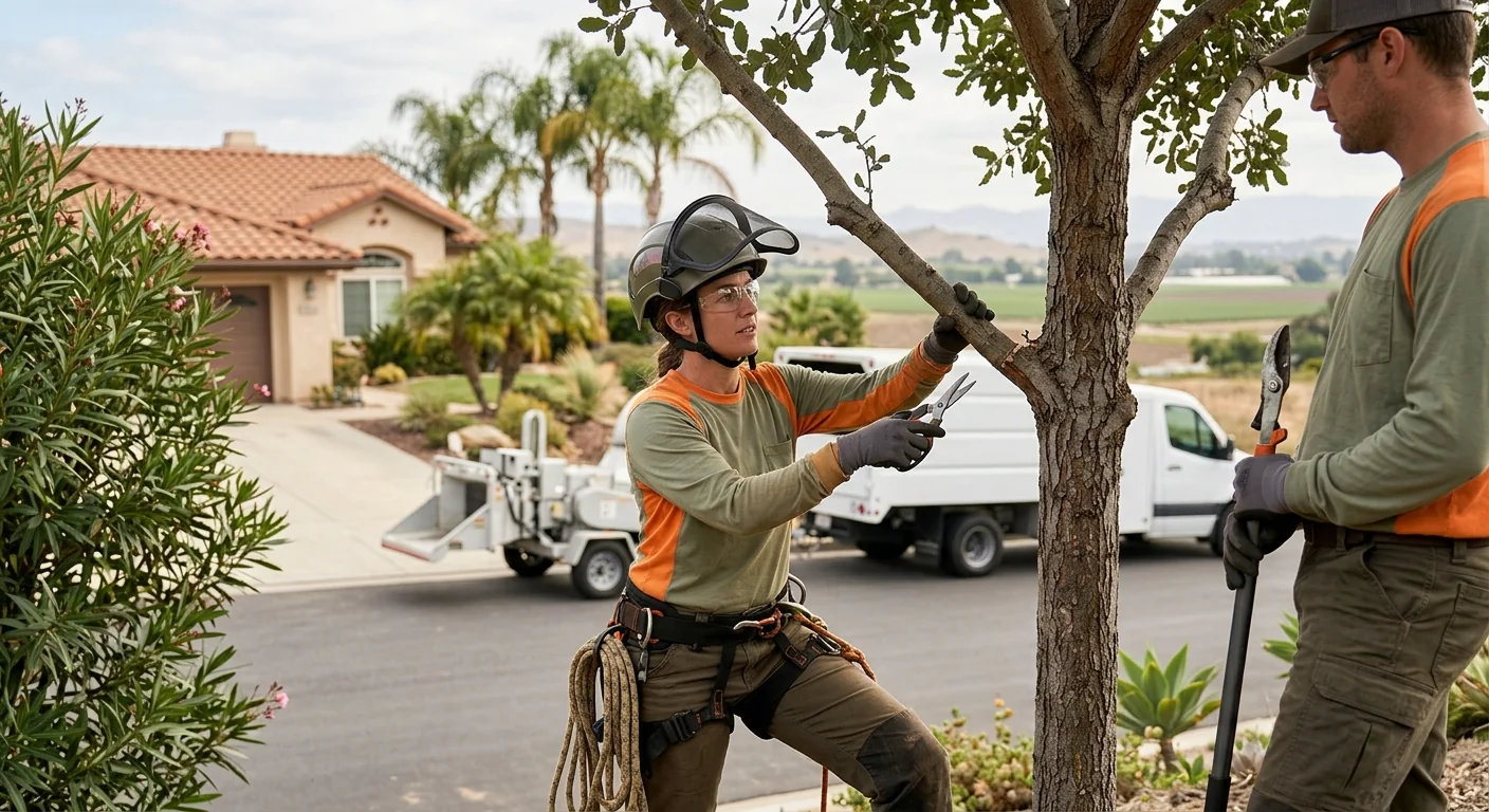 Support cable and brace hardware stabilizing a large split-trunk tree