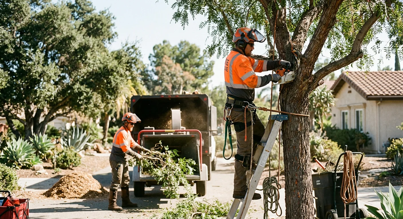 Arborist installing steel support cable in mature oak canopy on a Camarillo property