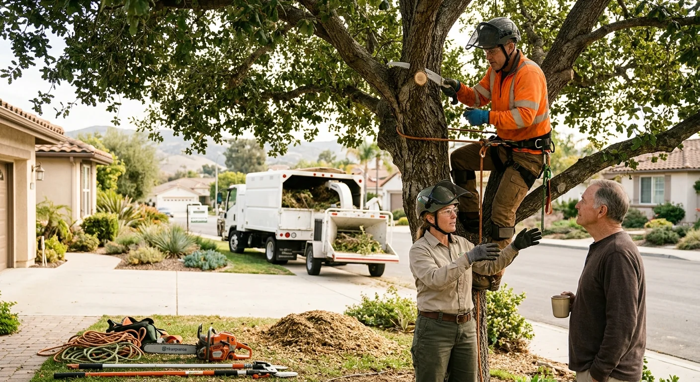 Arborist inspecting a mature oak with support cables in a Camarillo backyard
