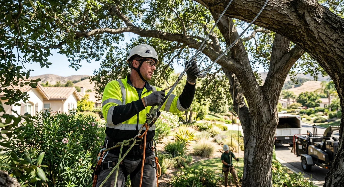 Steel support cable installed high in a mature oak canopy above a Camarillo yard