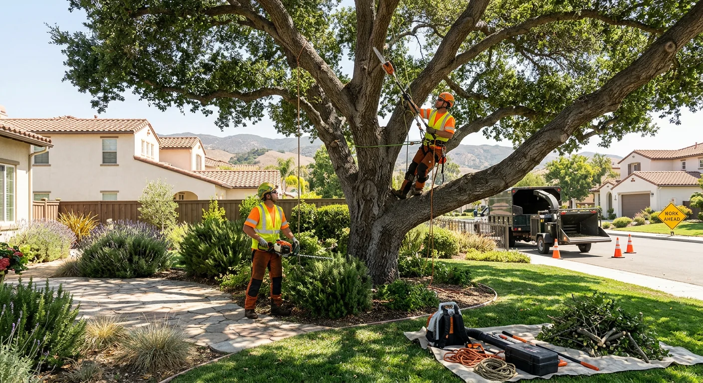 Wide view of a stabilized shade tree over a residential Camarillo backyard