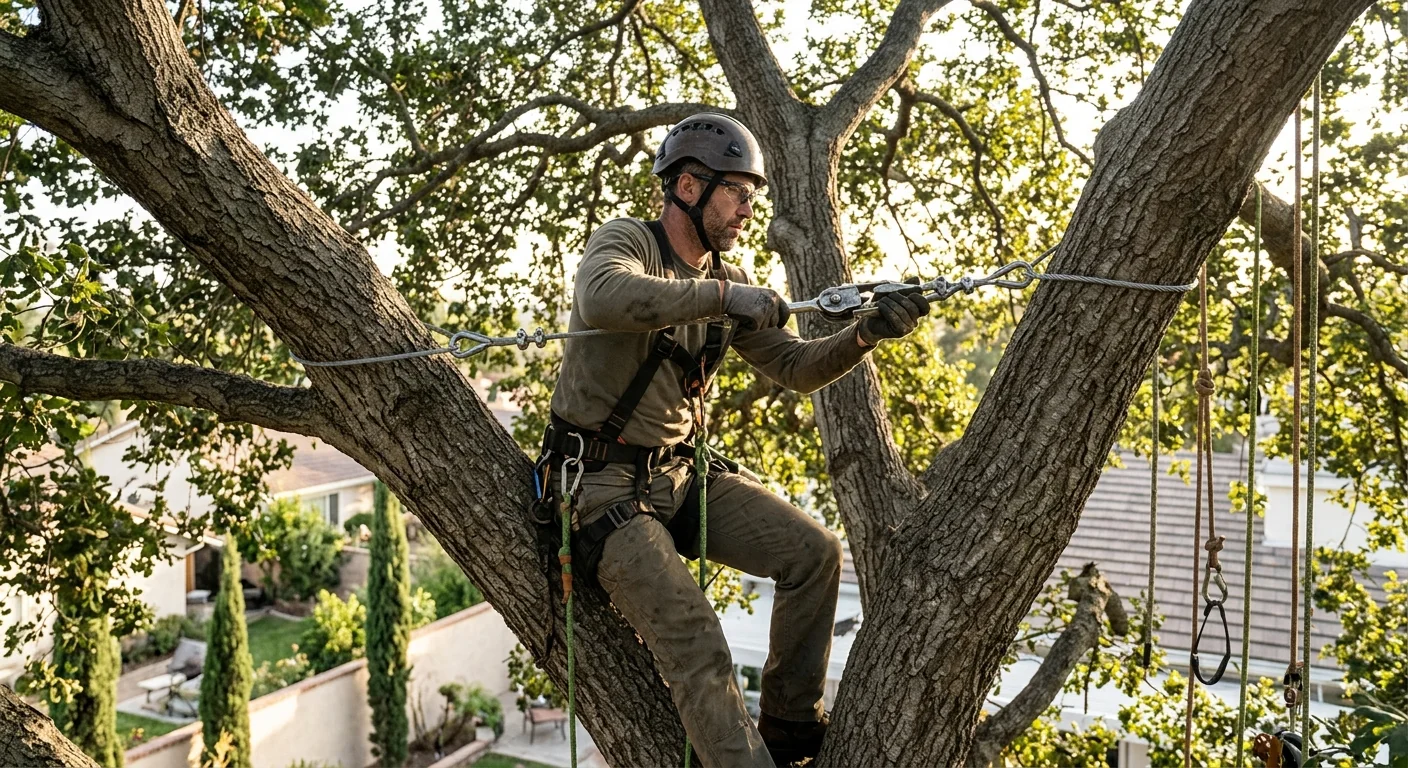 Arborist tensioning a cable line between two upper leaders on a large tree