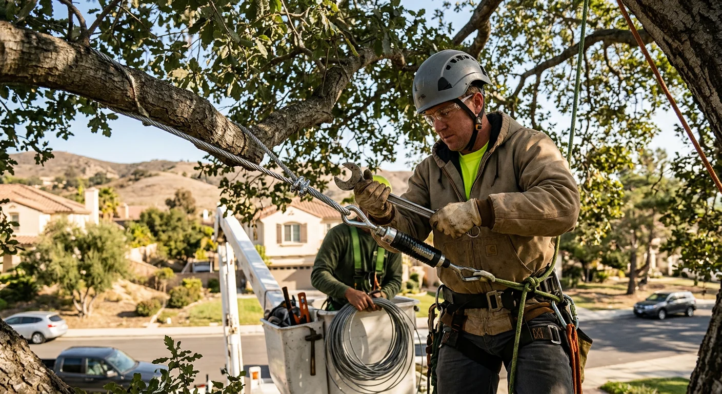 Arborist installing steel support cable in mature tree canopy in Camarillo