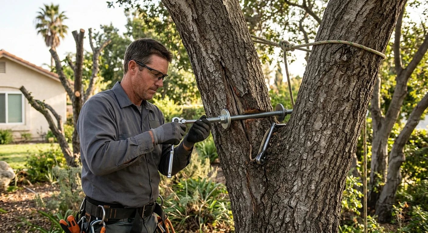 Threaded brace rod securing a weak stem union during structural tree stabilization