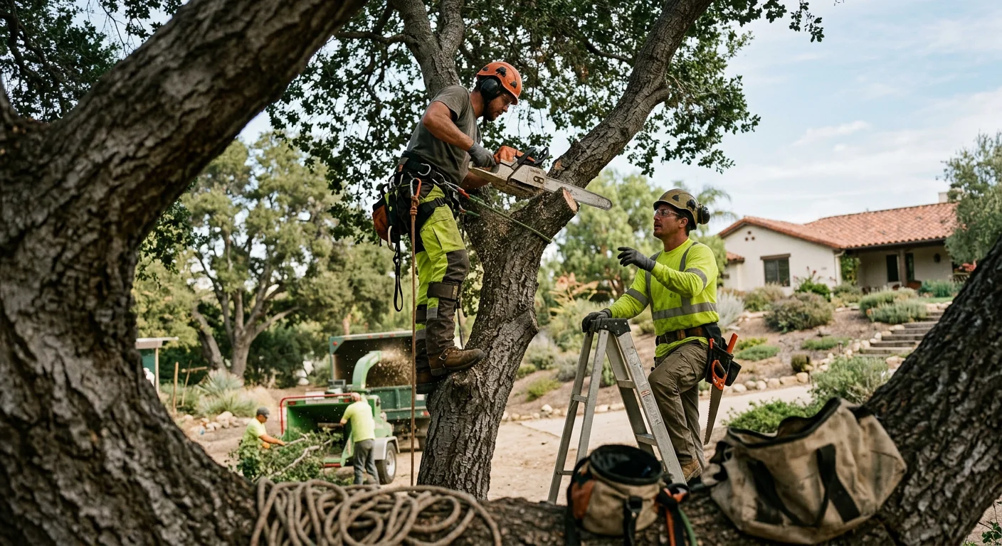 Arborist reviewing a tree health maintenance estimate with a Camarillo homeowner outdoors