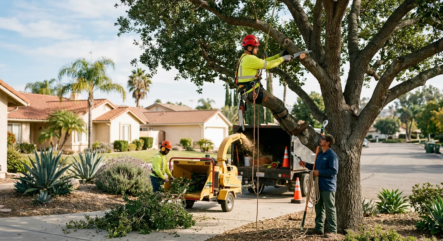 Arborist inspecting tree canopy health during a maintenance visit in Camarillo