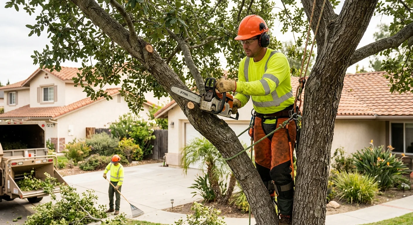 Homeowner reviewing seasonal tree care schedule with arborist in a Camarillo yard