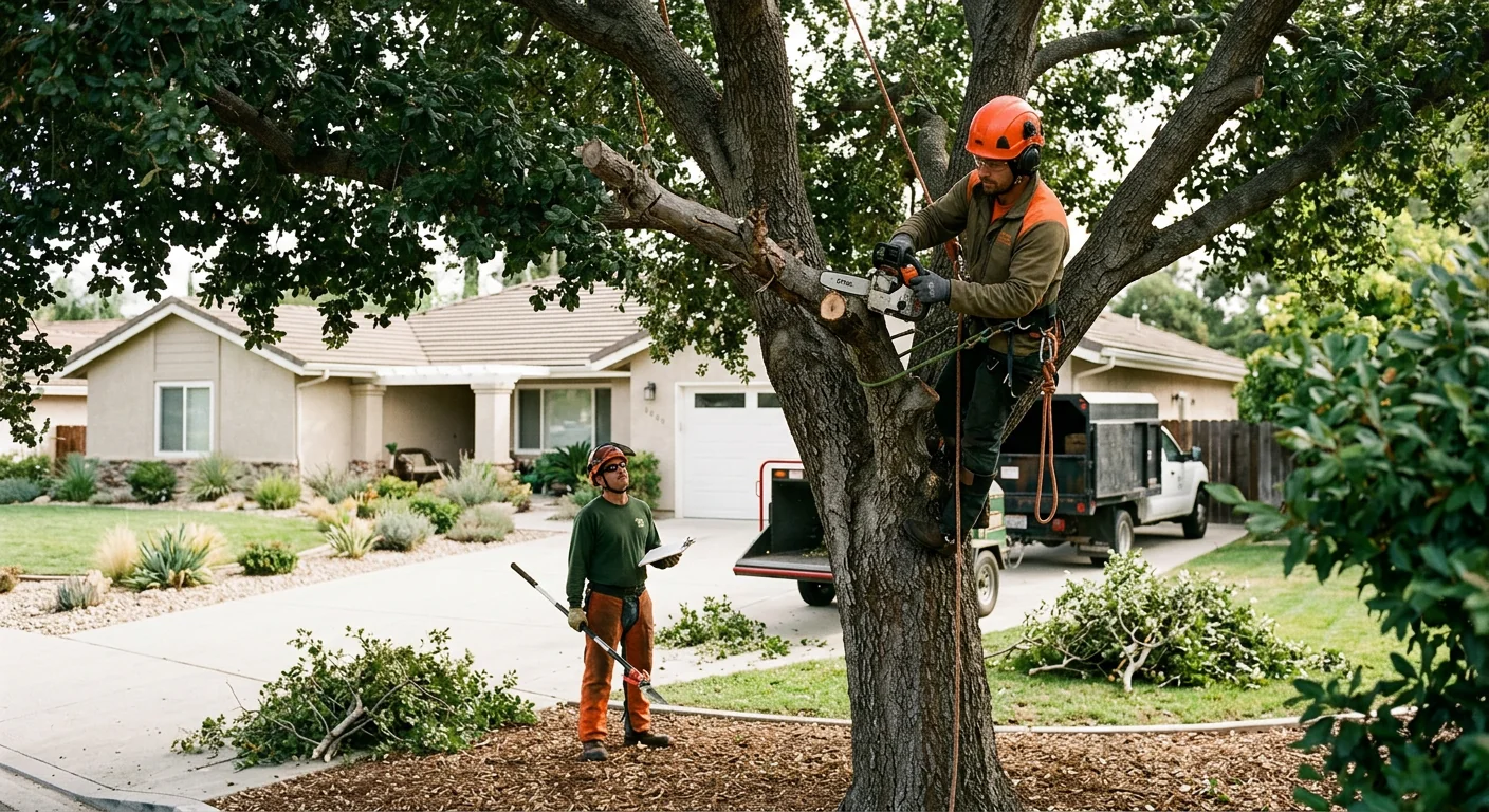 Arborist inspecting a mature tree canopy during a routine Camarillo maintenance visit