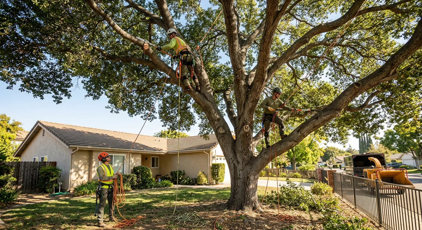 Crew performing structural pruning on a mature oak in a Camarillo backyard