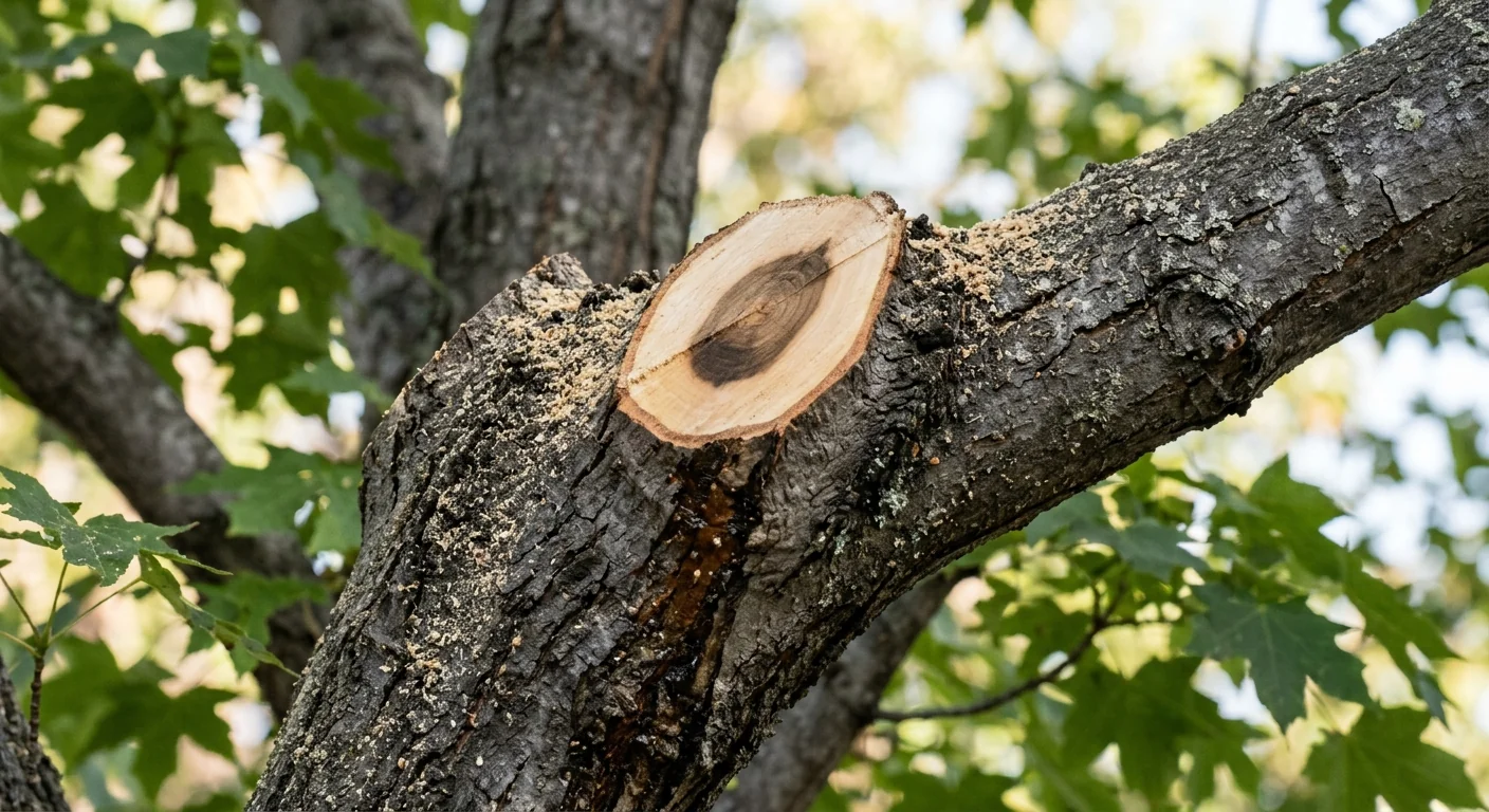 Close-up of a clean pruning cut protecting the branch collar on a maple