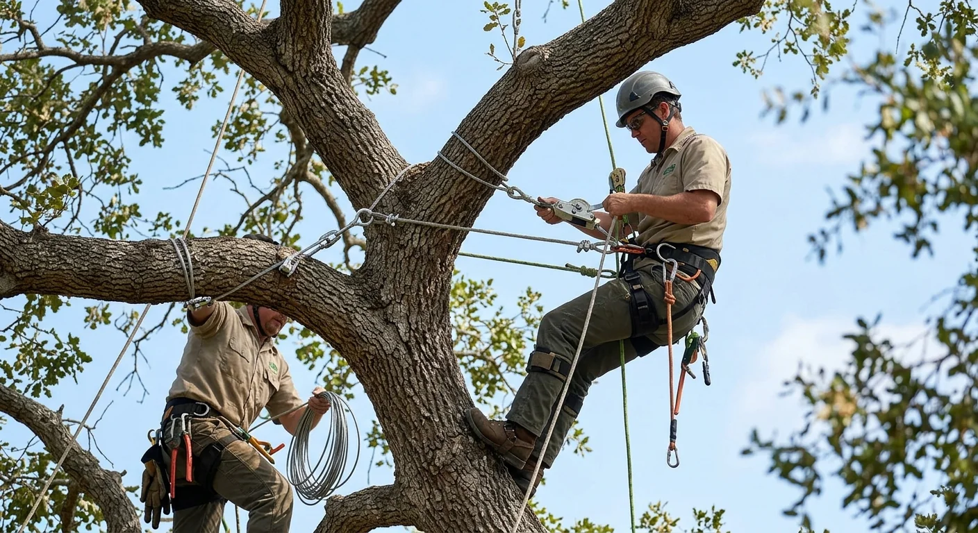 Cabling and bracing installed in a large tree to support weak unions