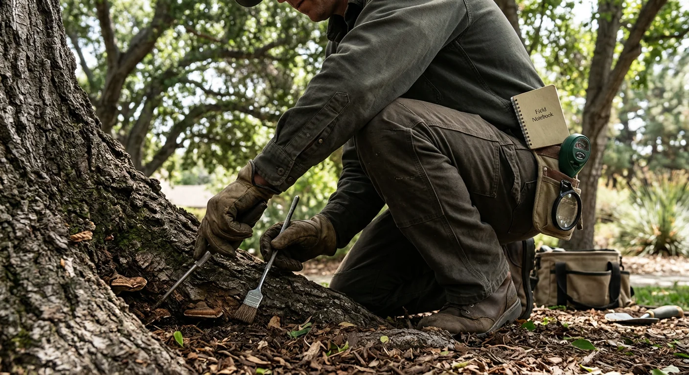 Arborist inspecting root collar for fungal conks and decay signs