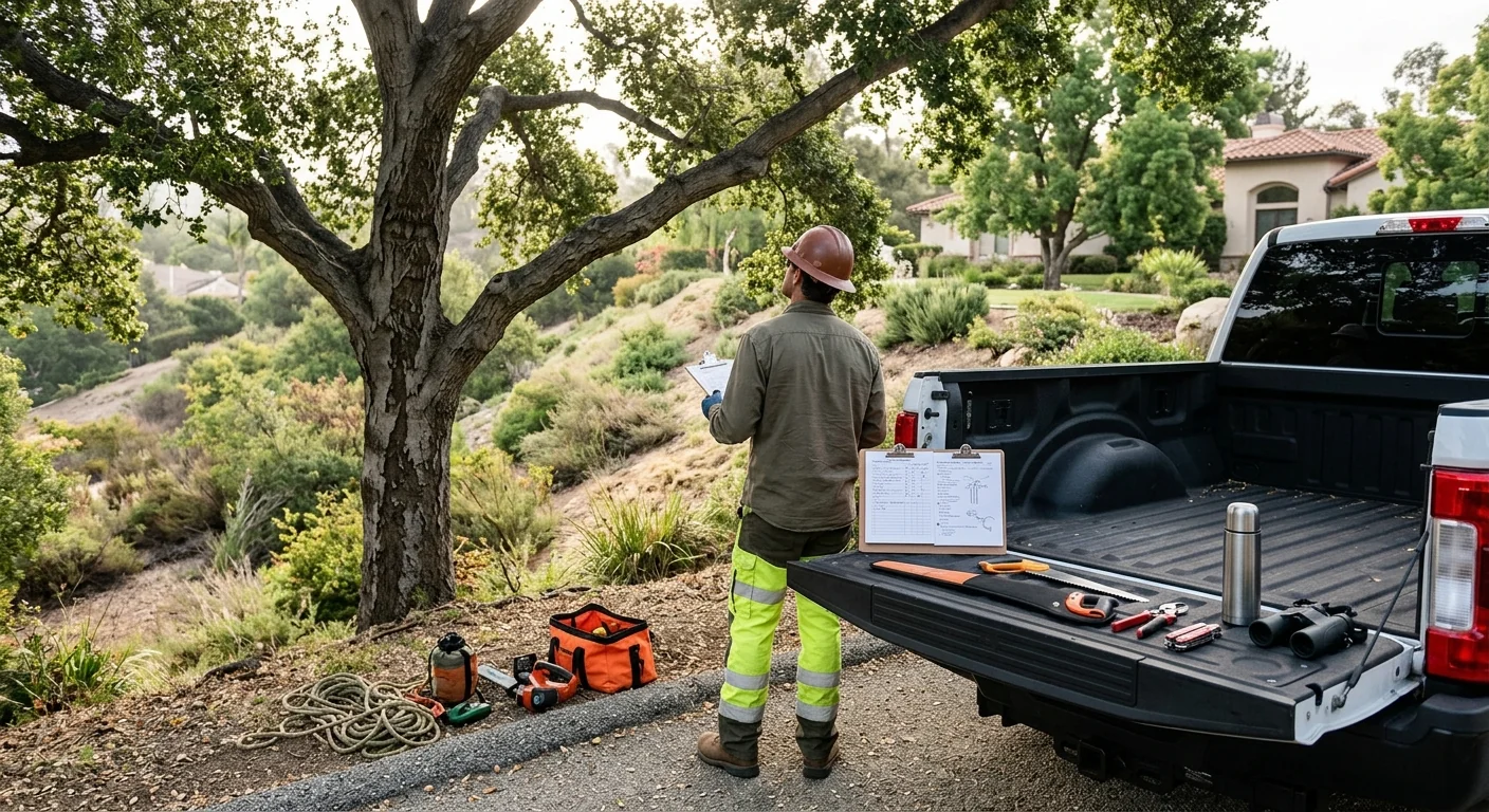 Seasonal maintenance walkthrough with documented notes near a hillside tree