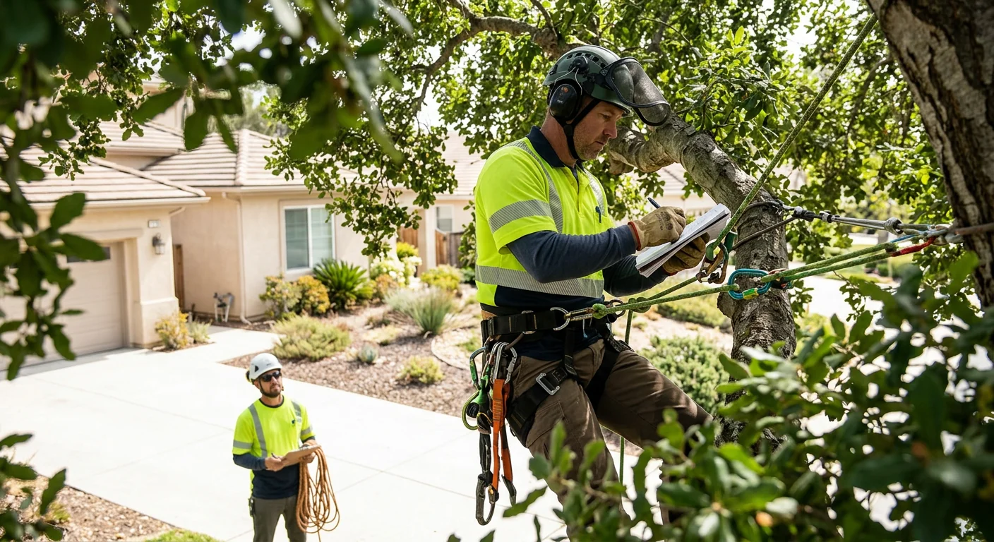 Arborist inspecting tree canopy health during a maintenance visit in Camarillo