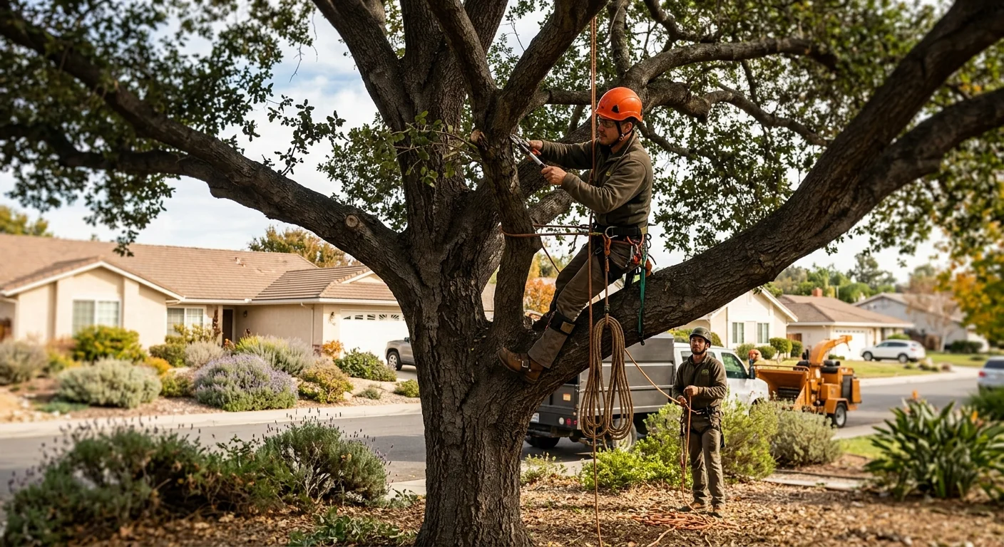 Technician performing selective crown thinning on a mature residential shade tree