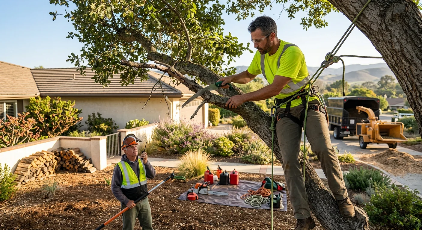 Arborist positioning a young tree at correct depth in a Camarillo yard