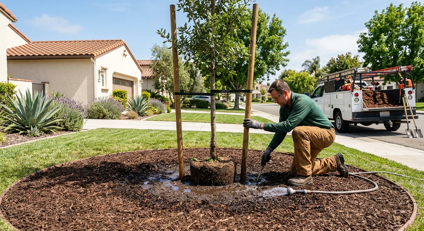 Young shade tree freshly planted with mulch ring in a Camarillo front yard