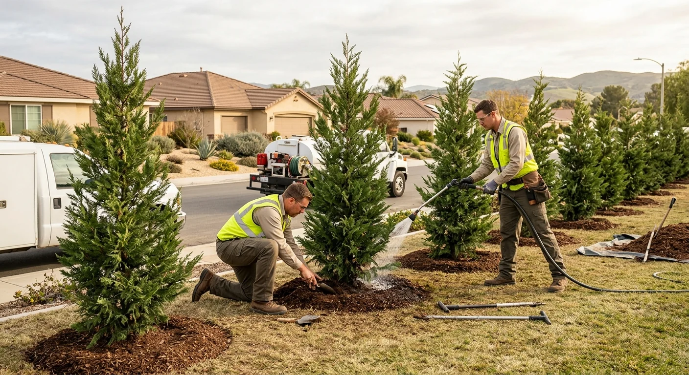 Row of newly planted evergreen privacy trees along a Camarillo property line