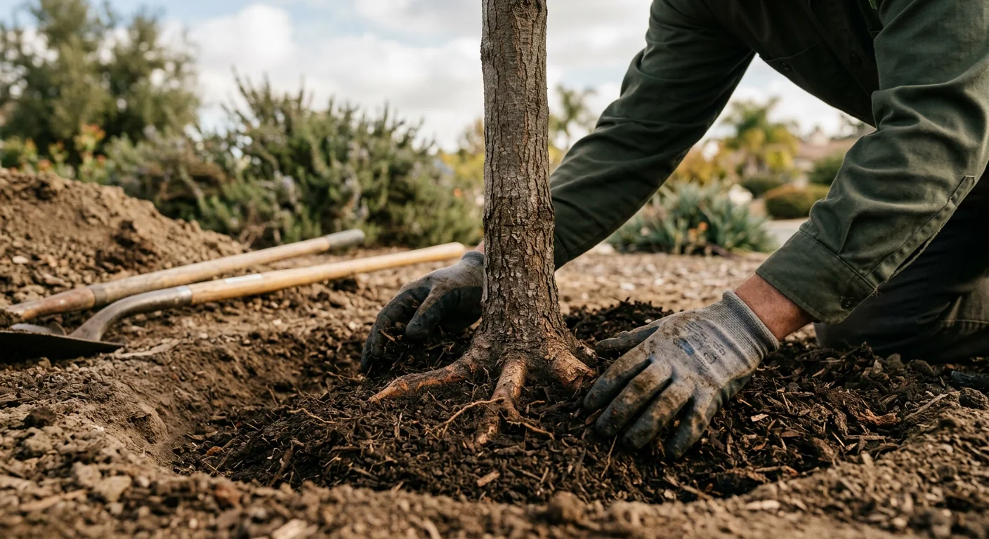Close-up of corrected root flare at proper grade during a tree planting job