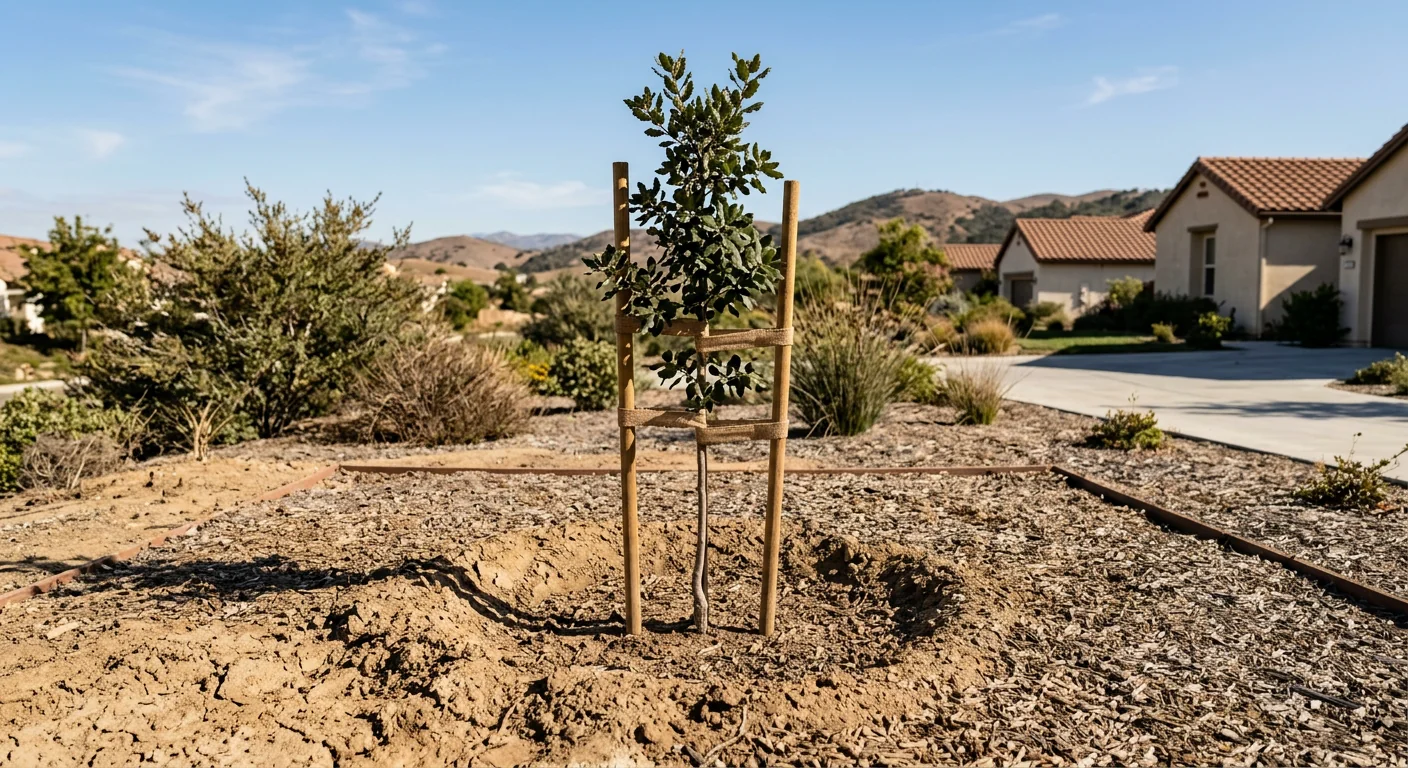 Drought-tolerant young tree planted in clay soil for water-efficient Camarillo landscaping