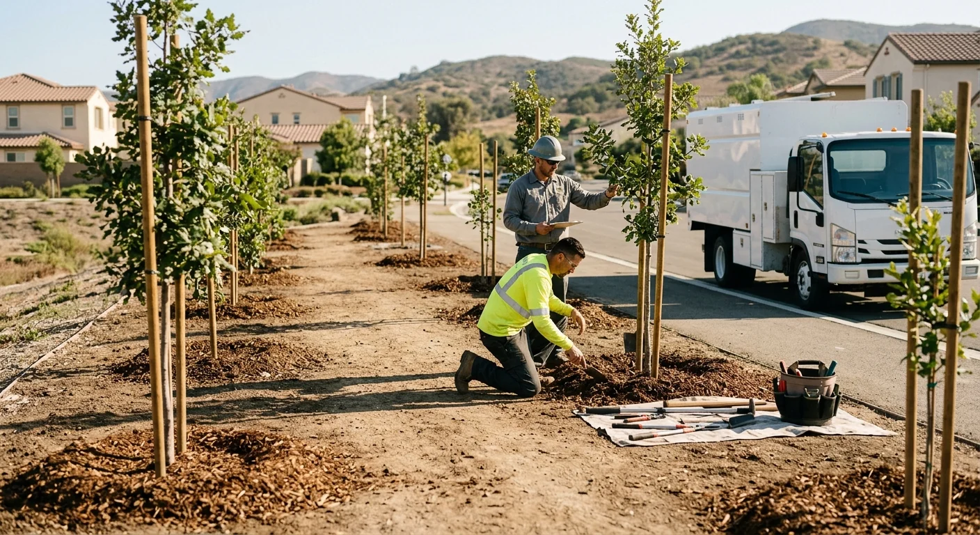 Newly planted young trees across a Camarillo HOA common area landscape