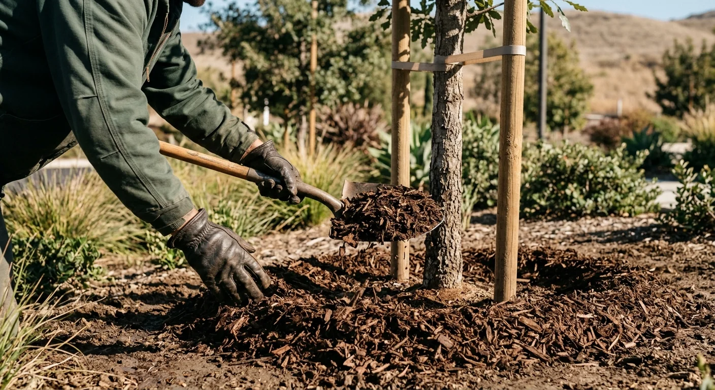 Mulch ring applied around the base of a freshly planted tree for moisture retention
