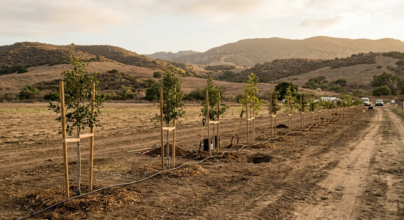 Newly planted windbreak trees staked across an open rural Camarillo parcel