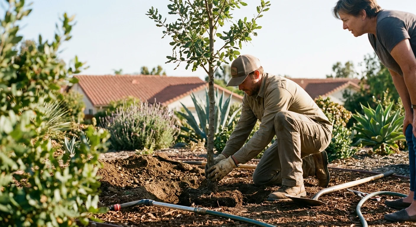 Arborist setting a young tree at correct root flare depth in Camarillo yard