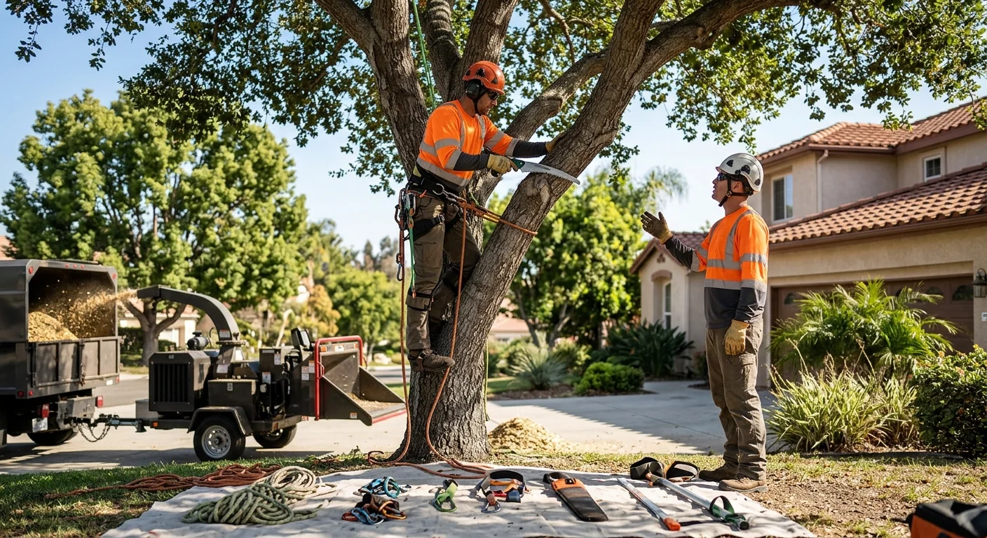Pruning crew assessing canopy structure before cutting on a Camarillo residential property