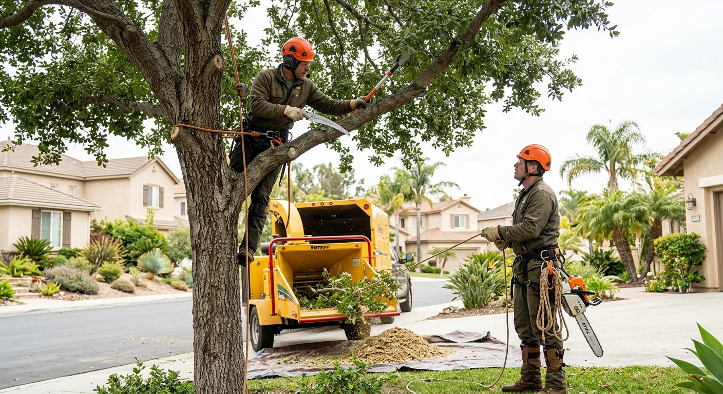 Arborist making precise pruning cut on residential tree in Camarillo
