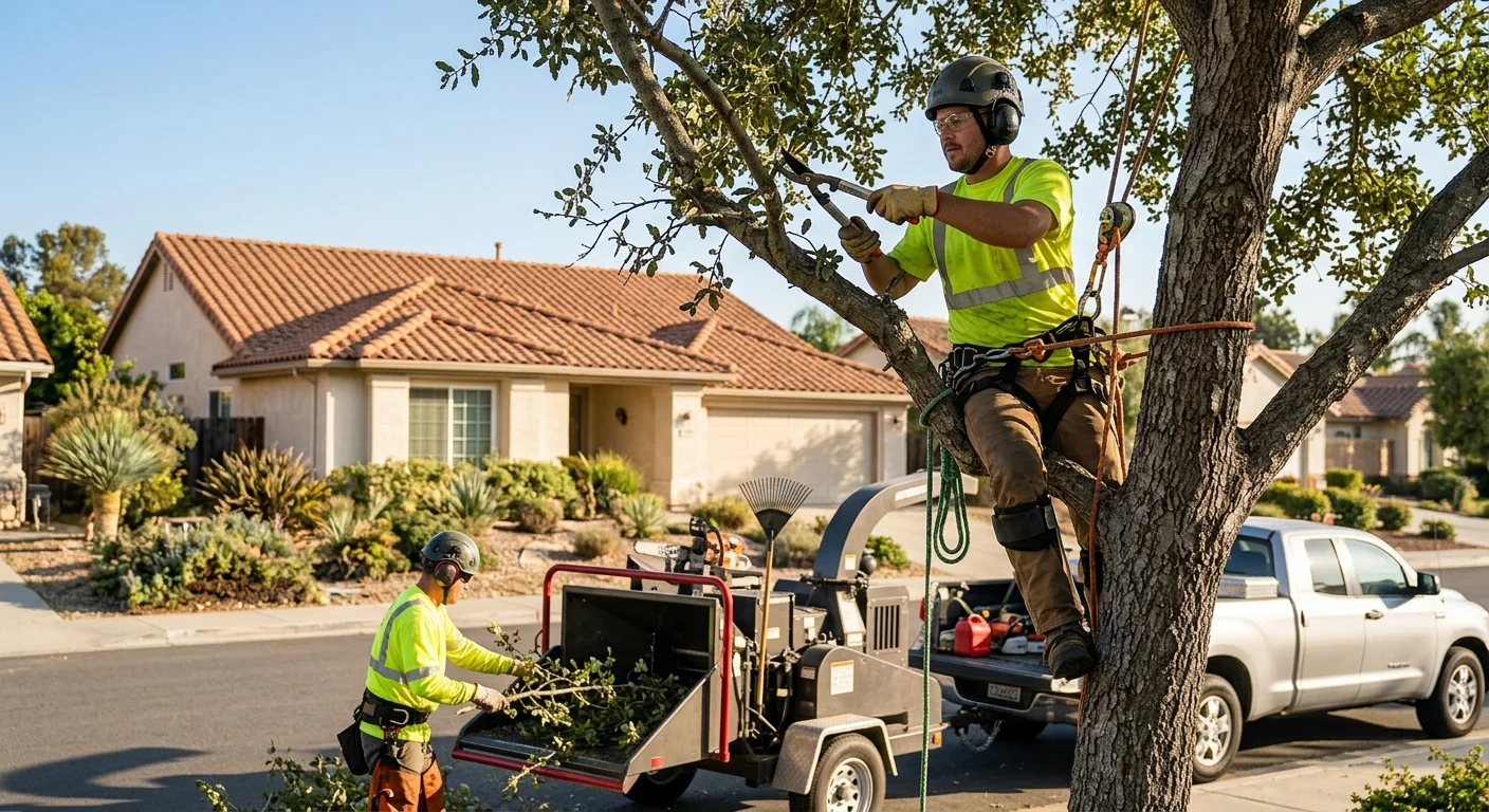 Homeowner reviewing a pruning plan with an arborist beside a mature tree
